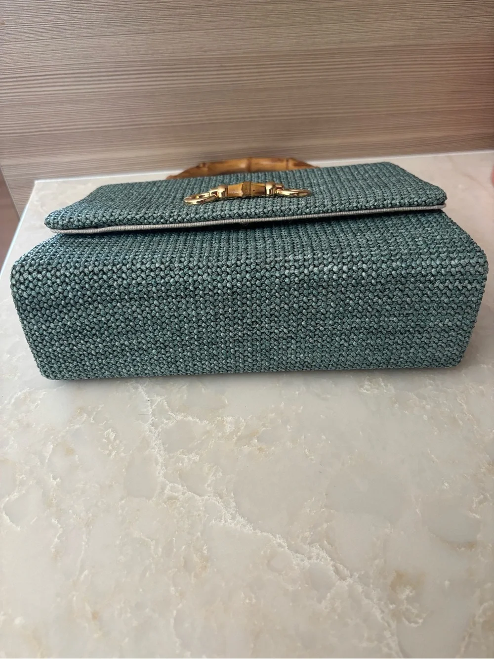 NWT Savannah seafoam blue green Woven Handbag/crossbody with Bamboo Handle